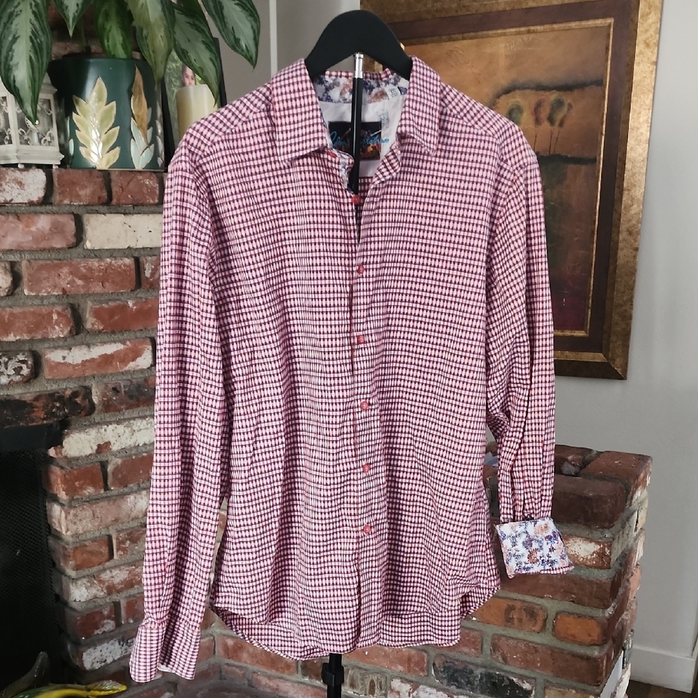 Robert Graham Red Black White Check Button Down Shirt Contrast Cuffs